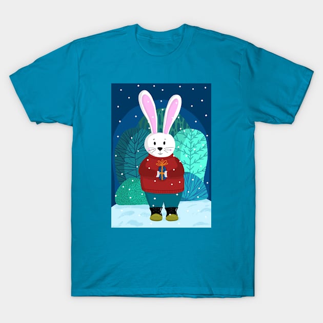 Cute winter bunny with gift illustration T-Shirt by Ieva Li ART